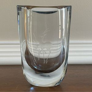 Heavy Stromberg Strombergshyttan Swedish signed Crystal Vase with Antelope, 6”